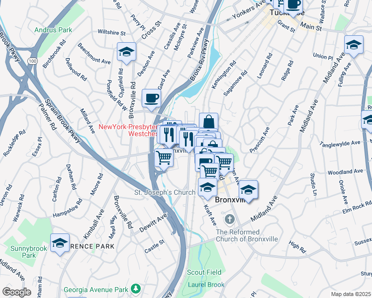 map of restaurants, bars, coffee shops, grocery stores, and more near 131 Parkway Road in Bronxville