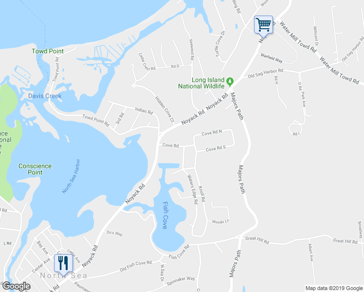 map of restaurants, bars, coffee shops, grocery stores, and more near 25 Cove Road in Southampton