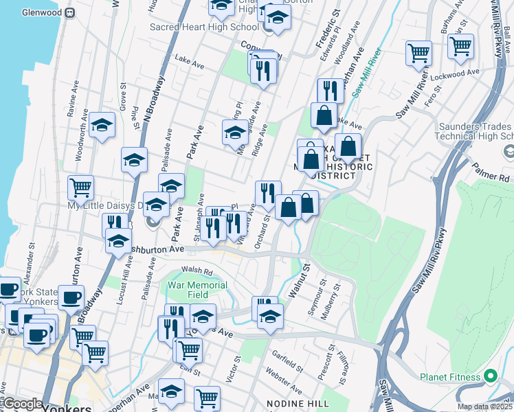 map of restaurants, bars, coffee shops, grocery stores, and more near 2 Myrtle Street in Yonkers
