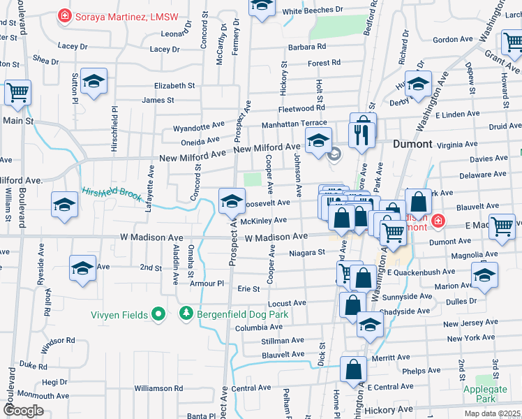 map of restaurants, bars, coffee shops, grocery stores, and more near 106 McKinley Avenue in Dumont
