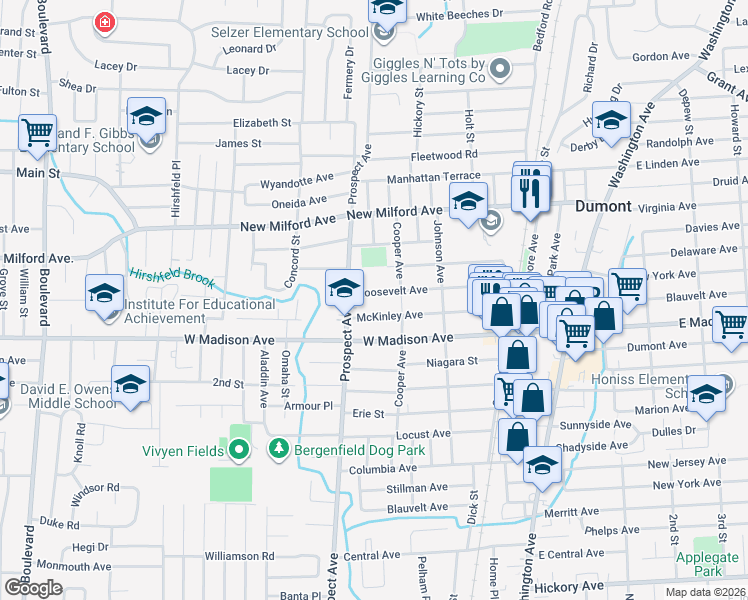 map of restaurants, bars, coffee shops, grocery stores, and more near 144 McKinley Avenue in Dumont