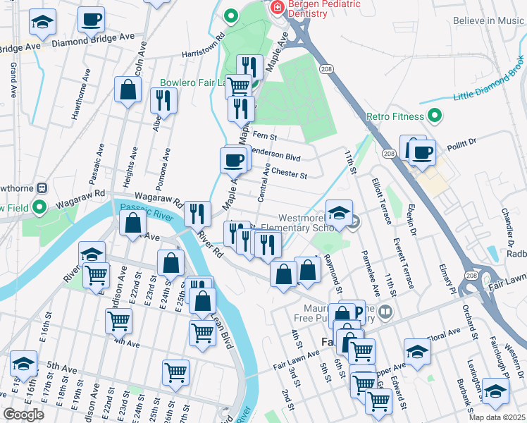 map of restaurants, bars, coffee shops, grocery stores, and more near 8-02 Oak Street in Fair Lawn