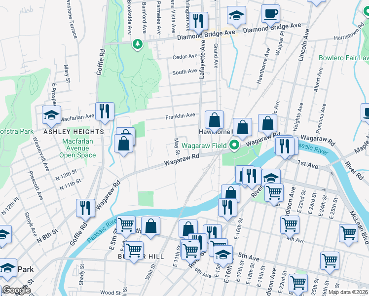 map of restaurants, bars, coffee shops, grocery stores, and more near 213 Wagaraw Road in Hawthorne