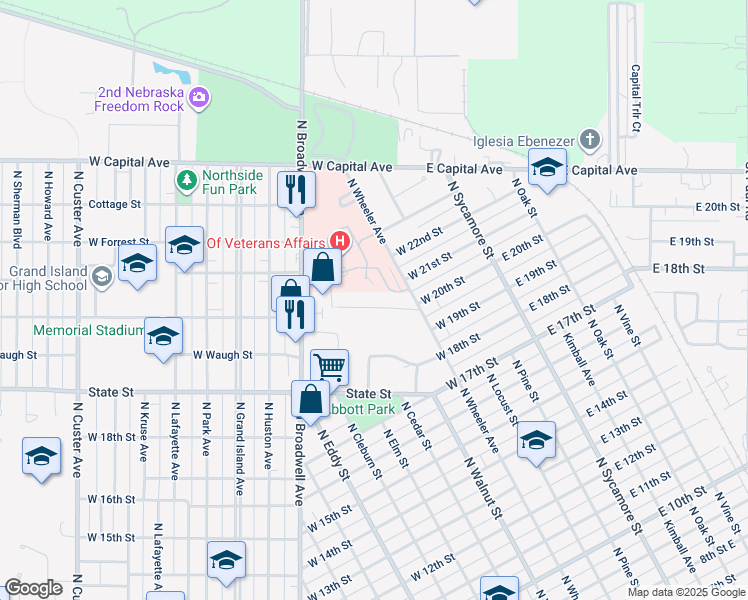 map of restaurants, bars, coffee shops, grocery stores, and more near 2004 North Wheeler Avenue in Grand Island