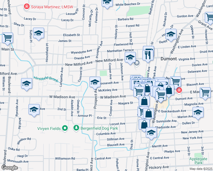 map of restaurants, bars, coffee shops, grocery stores, and more near 106 McKinley Avenue in Dumont
