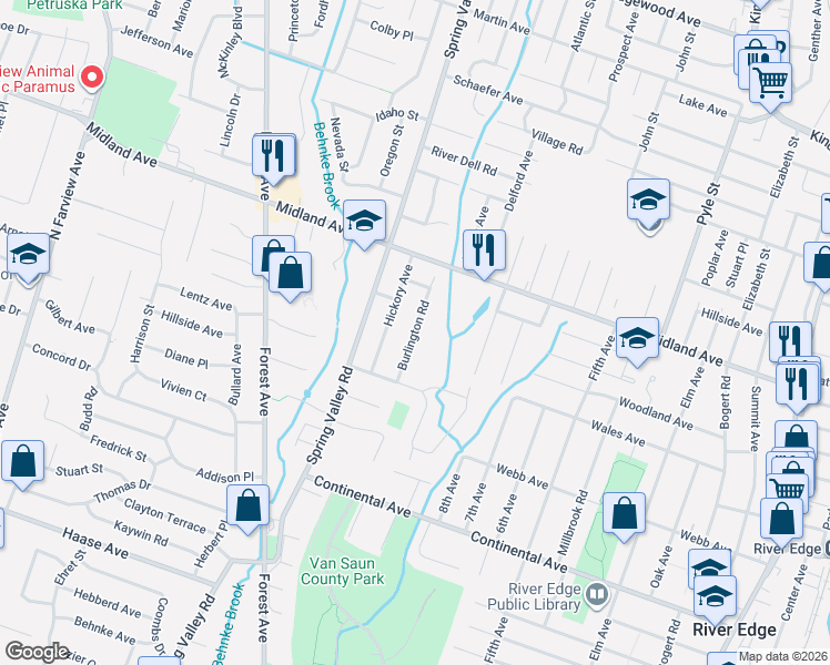 map of restaurants, bars, coffee shops, grocery stores, and more near 385 Burlington Road in Paramus
