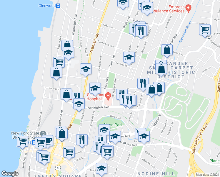 map of restaurants, bars, coffee shops, grocery stores, and more near 2 Grant Park Drive in Yonkers