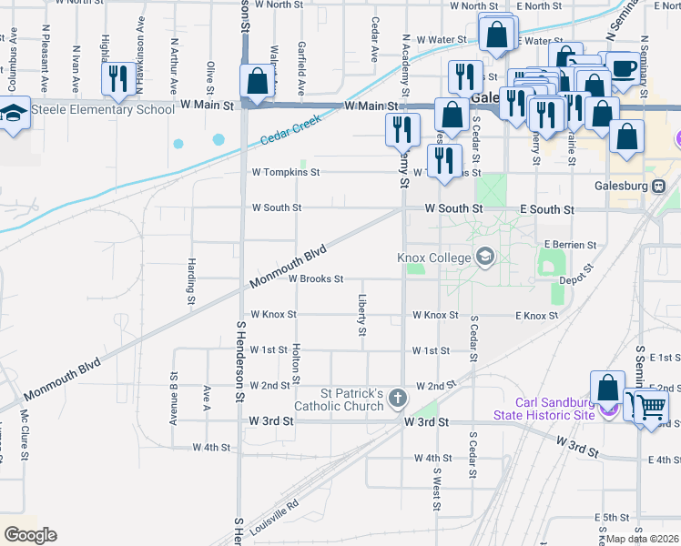 map of restaurants, bars, coffee shops, grocery stores, and more near 406-598 West Brooks Street in Galesburg