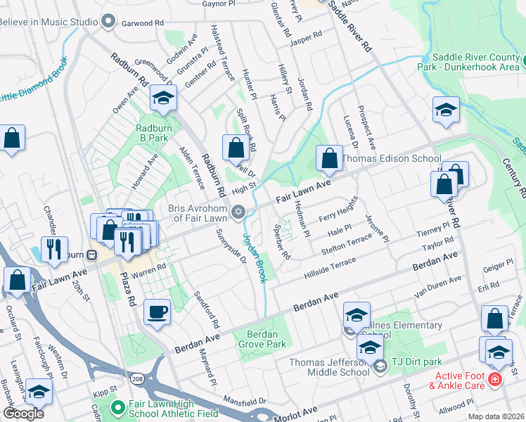 map of restaurants, bars, coffee shops, grocery stores, and more near 13-52 Sperber Road in Fair Lawn