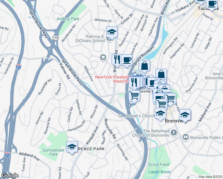 map of restaurants, bars, coffee shops, grocery stores, and more near 243 Bronxville Road in Yonkers