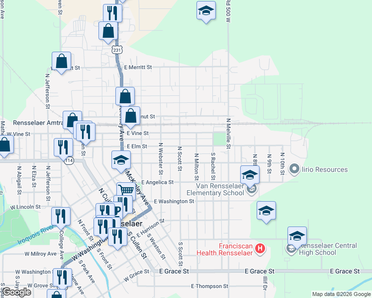 map of restaurants, bars, coffee shops, grocery stores, and more near 301-399 North Scott Street in Rensselaer