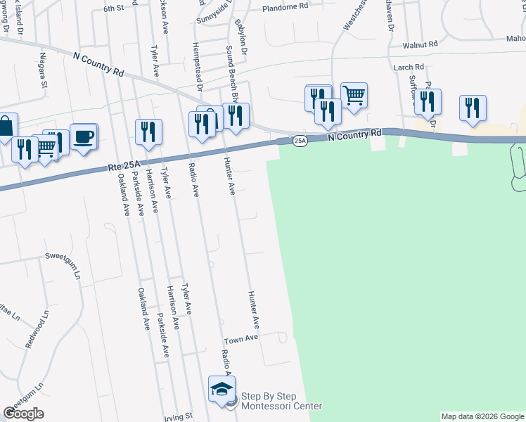 map of restaurants, bars, coffee shops, grocery stores, and more near 47 Hunter Avenue in Miller Place
