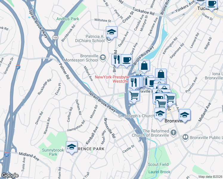 map of restaurants, bars, coffee shops, grocery stores, and more near 243 Bronxville Road in Yonkers