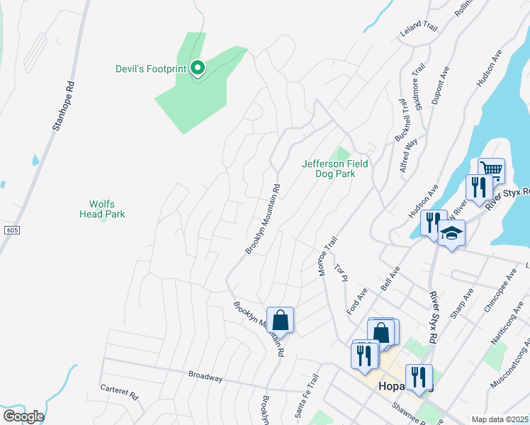 map of restaurants, bars, coffee shops, grocery stores, and more near 706 Brooklyn Mountain Road in Hopatcong