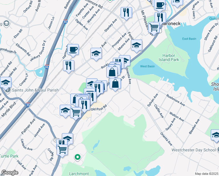 map of restaurants, bars, coffee shops, grocery stores, and more near 953 U.S. 1 in Mamaroneck