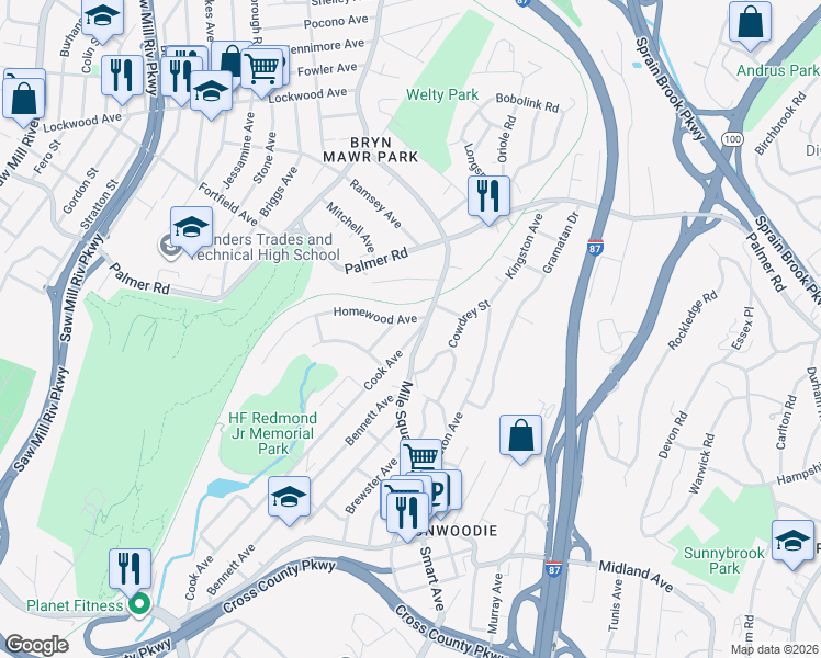 map of restaurants, bars, coffee shops, grocery stores, and more near 444 Mile Square Road in Yonkers
