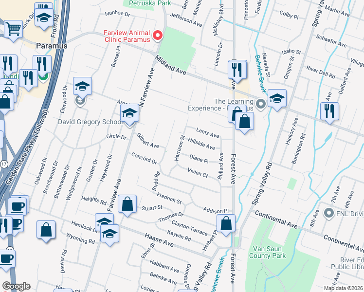 map of restaurants, bars, coffee shops, grocery stores, and more near 349 Harrison Street in Paramus