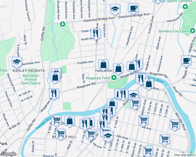 map of restaurants, bars, coffee shops, grocery stores, and more near 97 Lafayette Avenue in Hawthorne