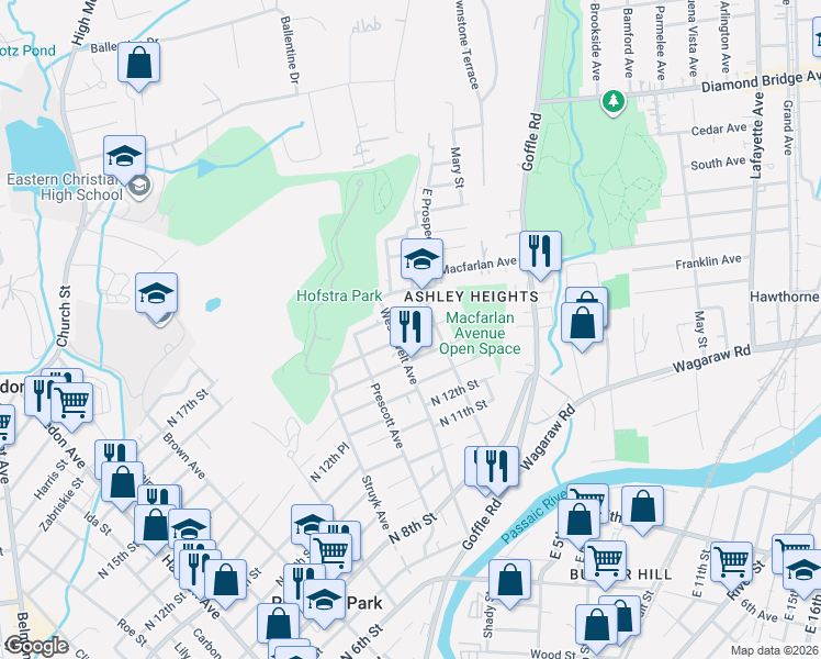 map of restaurants, bars, coffee shops, grocery stores, and more near 173 Westervelt Avenue in Hawthorne
