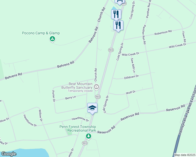 map of restaurants, bars, coffee shops, grocery stores, and more near 40 Church Road in Jim Thorpe