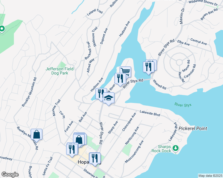 map of restaurants, bars, coffee shops, grocery stores, and more near 5 West River Styx Road in Hopatcong