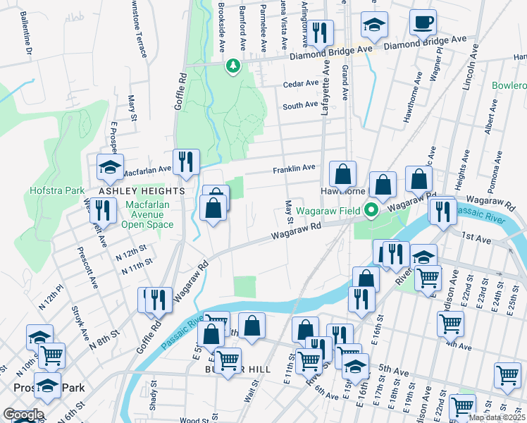 map of restaurants, bars, coffee shops, grocery stores, and more near 32 May Street in Hawthorne
