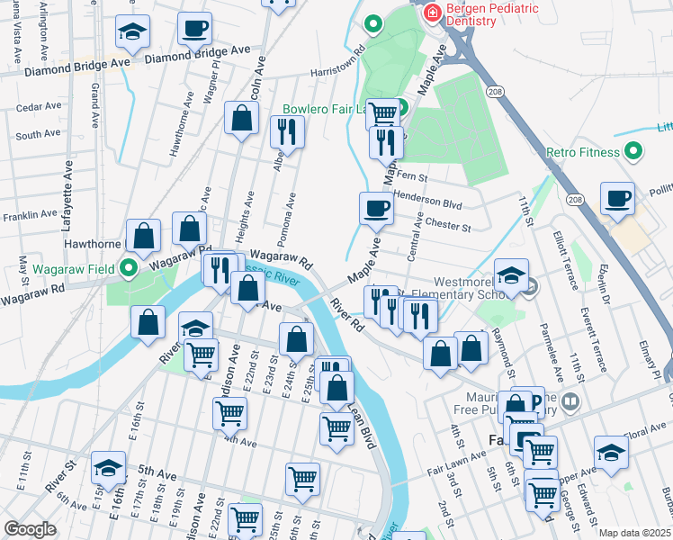 map of restaurants, bars, coffee shops, grocery stores, and more near 18-37 River Road in Fair Lawn