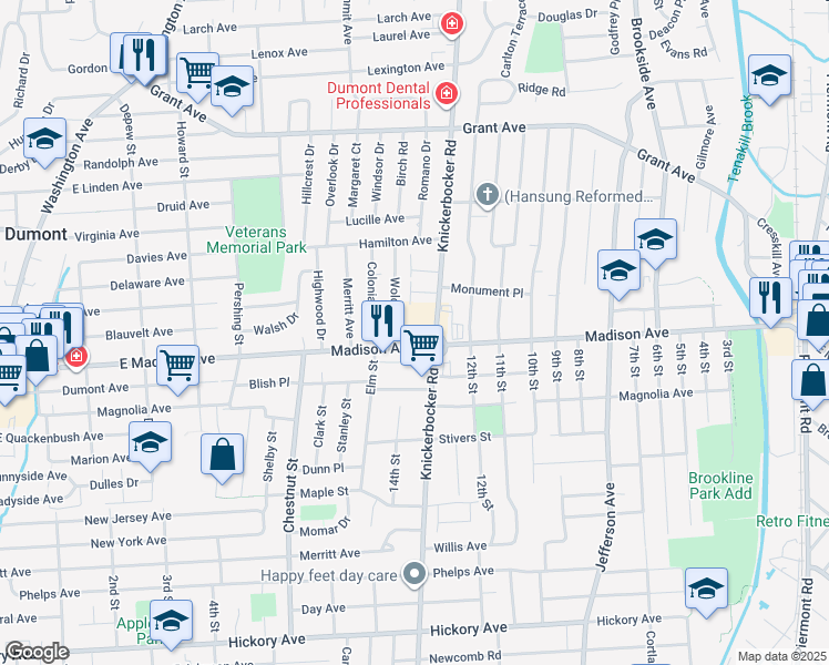 map of restaurants, bars, coffee shops, grocery stores, and more near 406 East Madison Avenue in Dumont