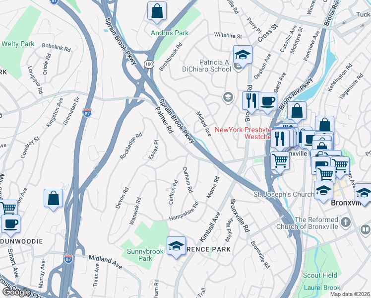 map of restaurants, bars, coffee shops, grocery stores, and more near 65 Durham Road in Yonkers