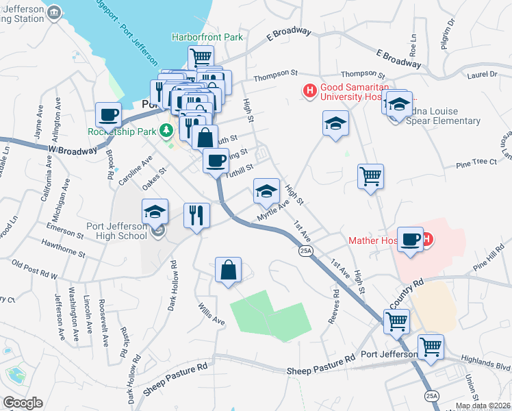 map of restaurants, bars, coffee shops, grocery stores, and more near 116 Robbins Street in Port Jefferson