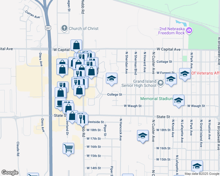 map of restaurants, bars, coffee shops, grocery stores, and more near 3204 College Street in Grand Island