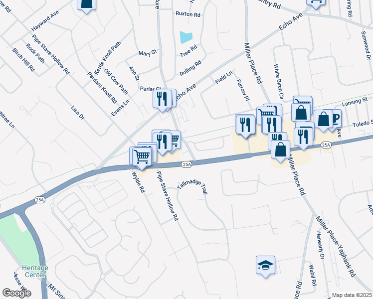 map of restaurants, bars, coffee shops, grocery stores, and more near 17 Halley Lane in Miller Place