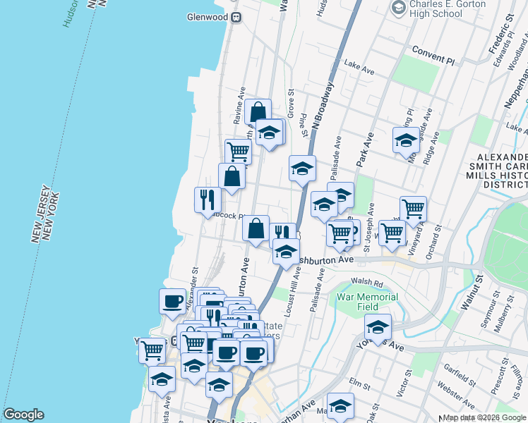 map of restaurants, bars, coffee shops, grocery stores, and more near 172 Warburton Avenue in Yonkers