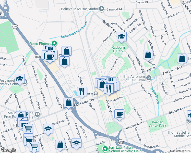 map of restaurants, bars, coffee shops, grocery stores, and more near in Fair Lawn