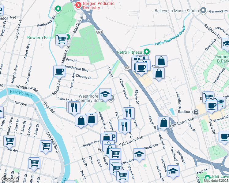 map of restaurants, bars, coffee shops, grocery stores, and more near 10-06 Backus Road in Fair Lawn