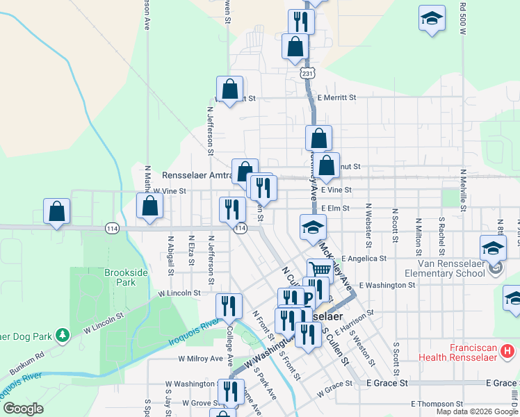 map of restaurants, bars, coffee shops, grocery stores, and more near 598 N Cullen St in Rensselaer