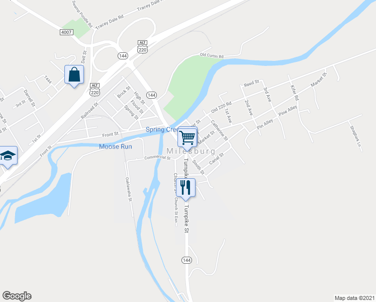 map of restaurants, bars, coffee shops, grocery stores, and more near 107 Market Street in Milesburg