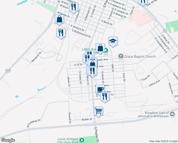 map of restaurants, bars, coffee shops, grocery stores, and more near 216 Carleton Avenue in Hazleton