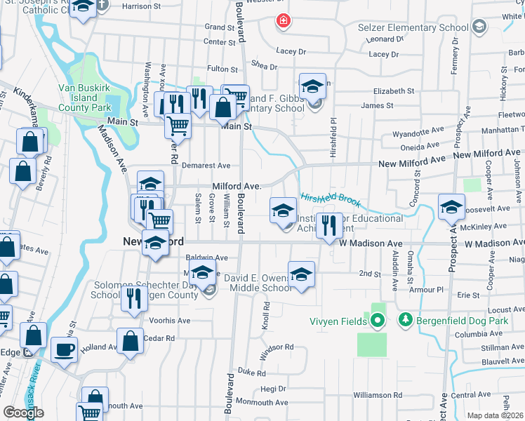 map of restaurants, bars, coffee shops, grocery stores, and more near 363 Madison Court in New Milford