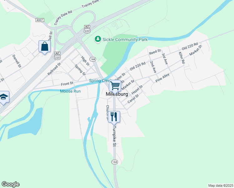 map of restaurants, bars, coffee shops, grocery stores, and more near in Milesburg