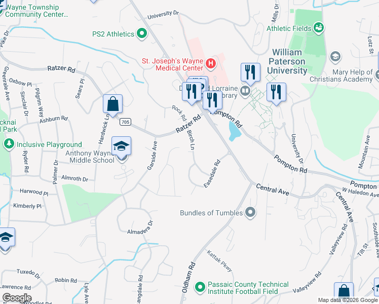 map of restaurants, bars, coffee shops, grocery stores, and more near 177 Easedale Road in Wayne