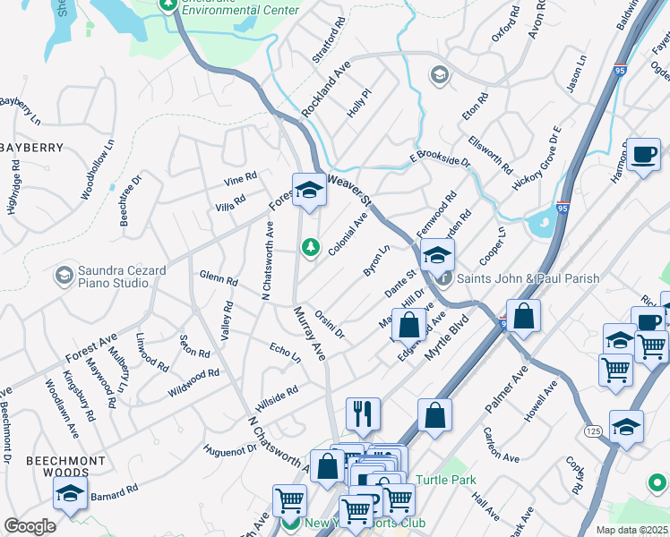 map of restaurants, bars, coffee shops, grocery stores, and more near 28 Homer Avenue in Larchmont