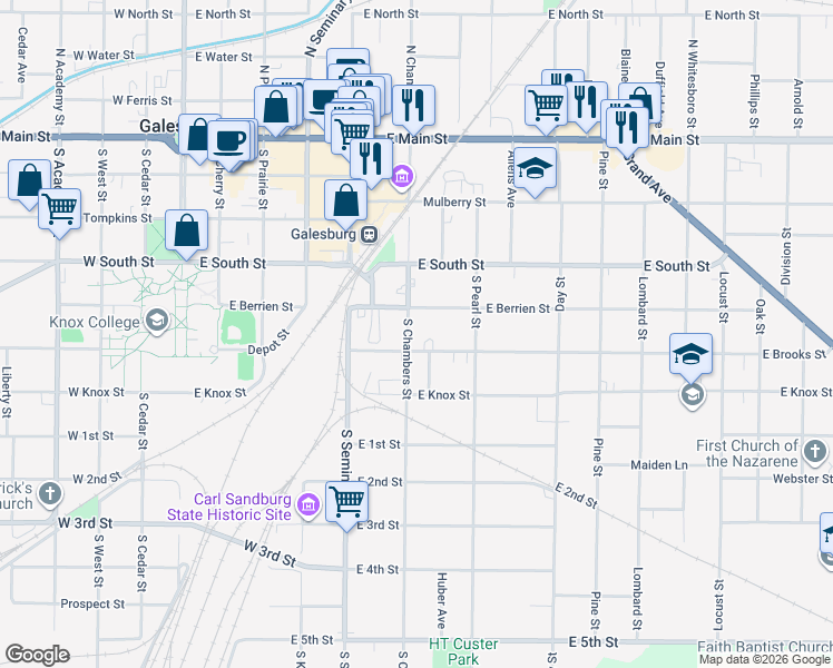 map of restaurants, bars, coffee shops, grocery stores, and more near 526-698 East Berrien Street in Galesburg
