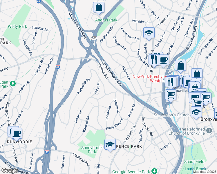 map of restaurants, bars, coffee shops, grocery stores, and more near 781 Palmer Road in Yonkers