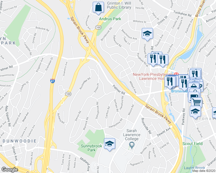 map of restaurants, bars, coffee shops, grocery stores, and more near 764 Palmer Road in Bronxville