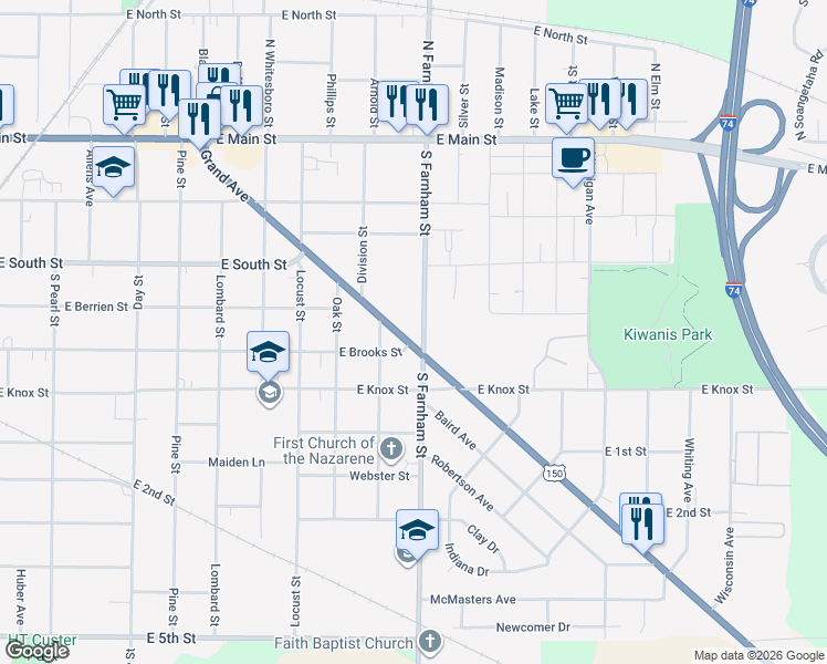 map of restaurants, bars, coffee shops, grocery stores, and more near 1497 Grand Avenue in Galesburg