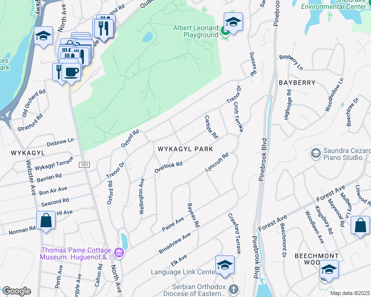 map of restaurants, bars, coffee shops, grocery stores, and more near 64 Jerome Avenue in New Rochelle