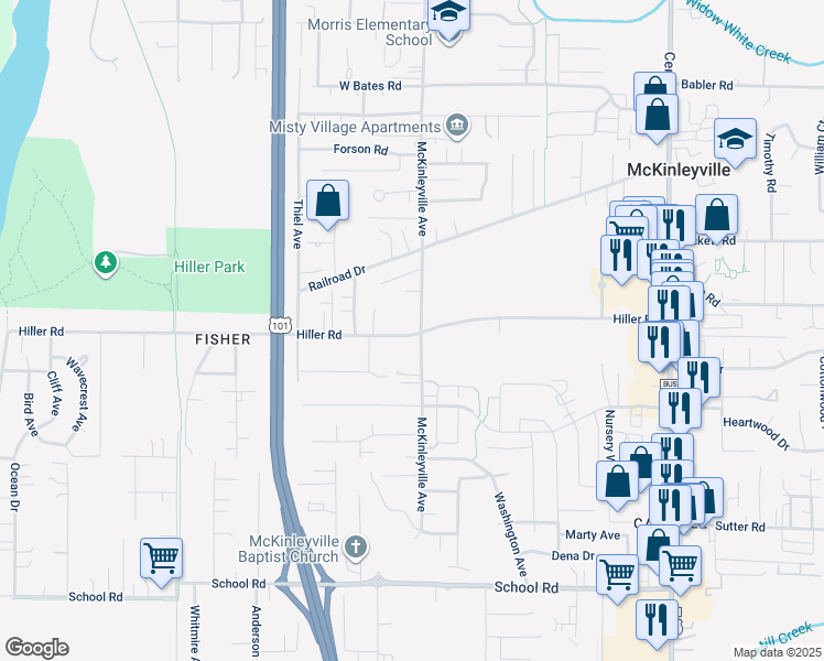 map of restaurants, bars, coffee shops, grocery stores, and more near 2043 Patricia Lane in McKinleyville