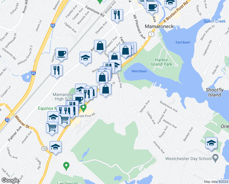 map of restaurants, bars, coffee shops, grocery stores, and more near 624 Hall Street in Mamaroneck