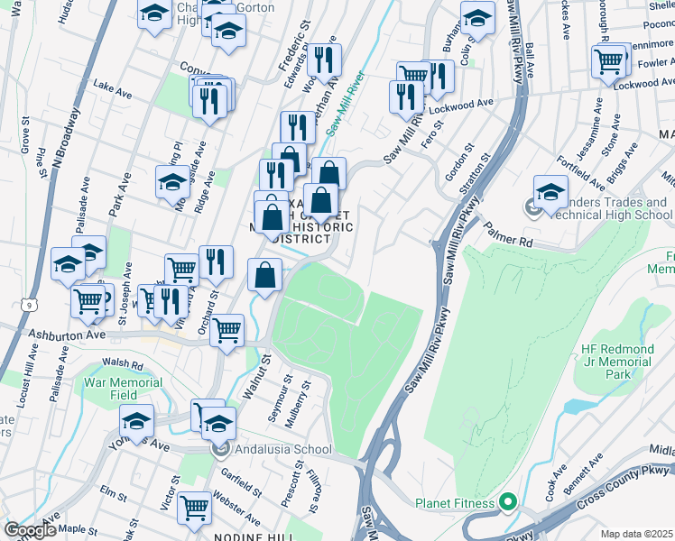 map of restaurants, bars, coffee shops, grocery stores, and more near 137 New York 9A in Yonkers
